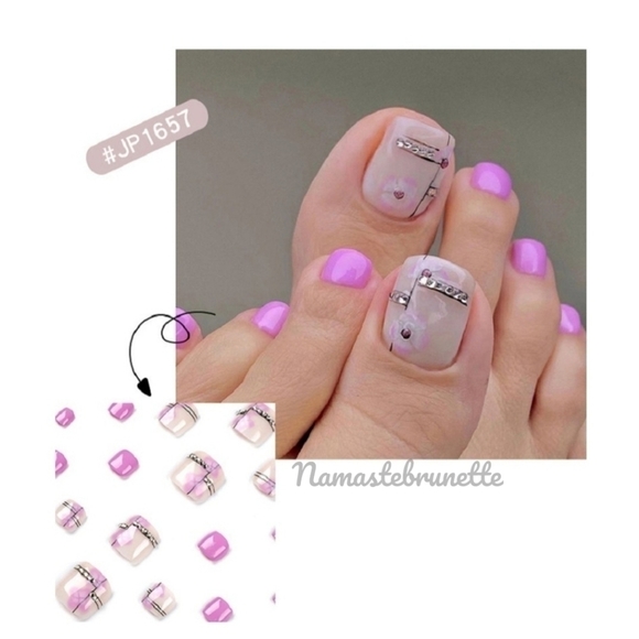 2/$16 Pink Floral Rhinestone Press on Toenails - Picture 6 of 17